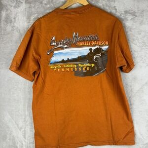 Harley Davidson Smoky Mountain Tennessee Graphic T-Shirt Orange Mens Medium